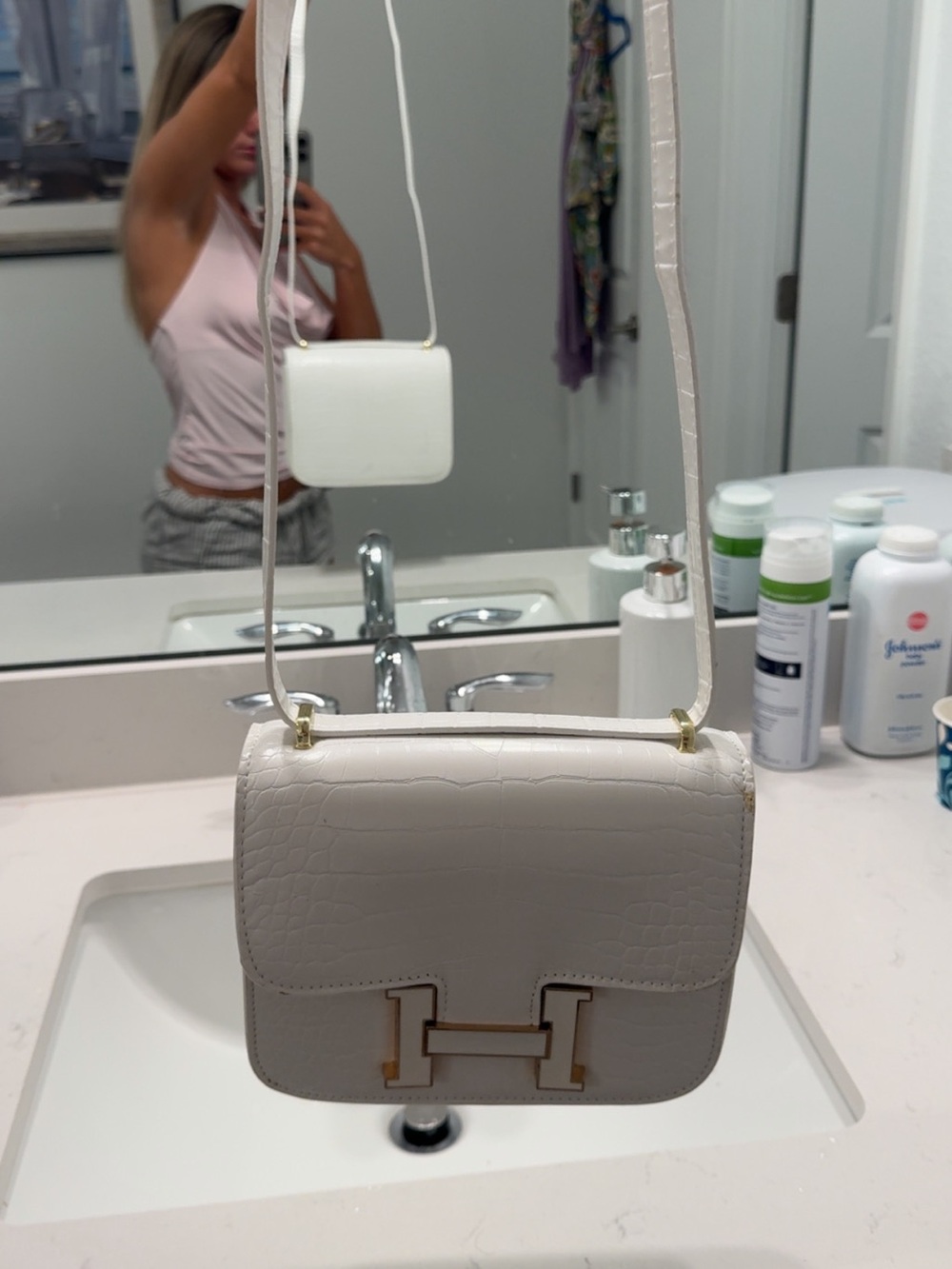 Hermes White Croc-Embossed Constance Crossbody with Gold H Hardware